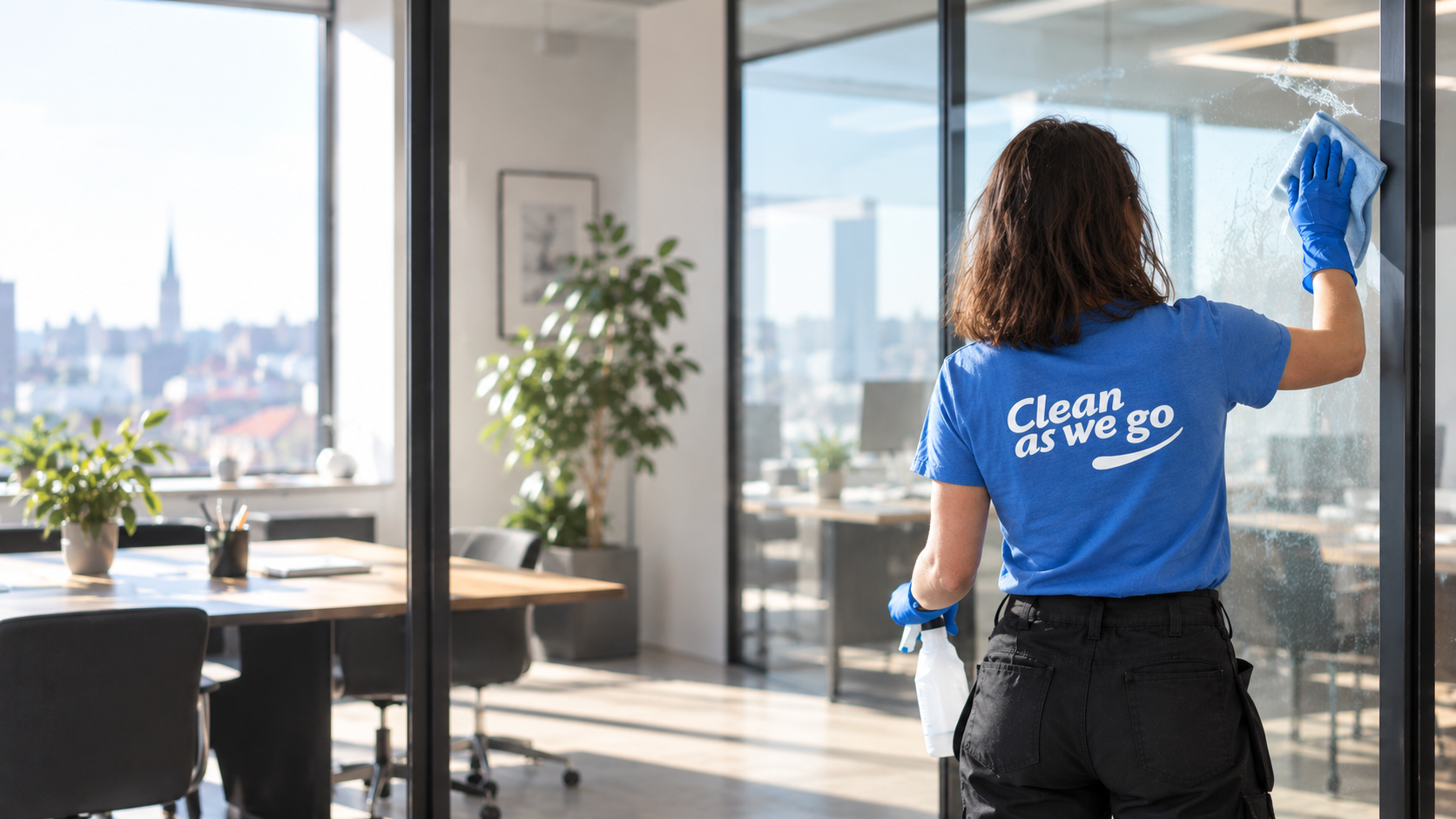 Rengøringsmedarbejder fra Clean as we go pudser vindue på kontor